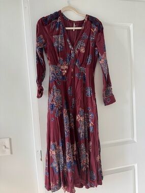 Free People Women's Floral V-Neck Long Sleeve Dress - Burgundy